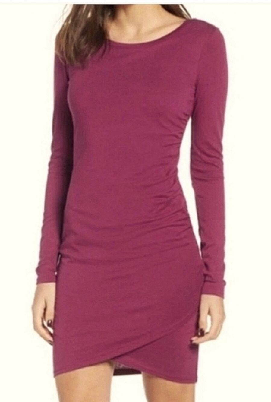 Leith Ruched Bodycon Mini Dress Burgundy Long Sleeve Tulip Hem Small